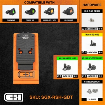 Picture of C&H Precision Optic Mounting Plate, Glock Dovetail, Fits Optic Ready Sig Sauer P320 Legion, Trijicon RMR/SRO, Holosun 407C/507C/507Comp/508T & C&H EDC-XL/Comp, Anodized Finish, Black SGX-RSH-GDT