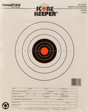 Picture of Champion Targets Score Keeper Slow Fire Bullseye Paper Hanging 50 foot Pistol 11" x 16" Black/Orange 12 PK 45724