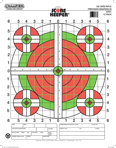 Picture of Champion Targets Score Keeper Sight-In Bullseye Paper Hanging 100 yds Pistol/Rifle Large Green/Orange 12 PK 45796