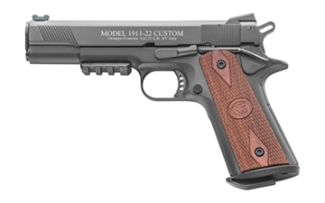 Picture of Chiappa Firearms 1911-22 Custom, Semi-automatic, Metal Frame Pistol, Full Size, 22LR, 5" Barrel, Blued Finish, Wood Grips, Adjustable Fiber Optic Sights, 10 Rounds 401.101