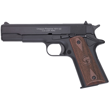 Picture of Chiappa Firearms 401038 1911-22 22 LR 10+1, 5" Black Steel Barrel, Blued Serrated Slide, Blued Aluminum Frame w/Beavertail, Stippled Walnut Grip, Manual Thumb Safety, Right Hand 401038 401.038