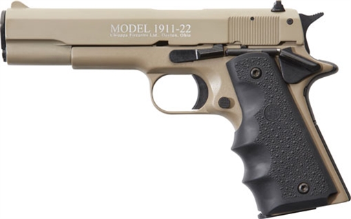 Picture of Chiappa Firearms 1911-22 22 LR 10+1, 5" Black Steel Barrel, Tan Serrated Slide, Tan Aluminum Frame w/Beavertail, Black Hogue Rubber Finger Grooved Grip, Manual Thumb Safety, Right Hand 401120
