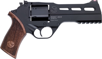 Picture of Chiappa Firearms Rhino 50DS Revolver, Double Action/Single Action, 357 Magnum/38 Special, 5" Barrel, Alloy, Black, Walnut Grips, Fiber Optic Front Sight, Adjustable Rear Sight, 6 Rounds, 3 Moon Clips 340.220 340220