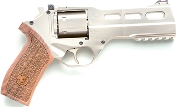 Picture of Chiappa Firearms Rhino 50DS Revolver, Double Action/Single Action, 357 Magnum/38 Special, 5" Barrel, Alloy, Nickel Finish, Walnut Grips, Fiber Optic Front Sight, Adjustable Rear Sight, 6 Rounds, 3 Moon Clips 340.223