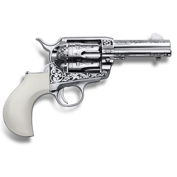 Picture of Cimarron Huckleberry 45 Colt (LC) 6 Shot, 3.50" Nickel Engraved Barrel, Cylinder & Frame, Poly-Ivory w/"Huckleberry" Engraved On The Backstrap Grip PP346HUCKENG