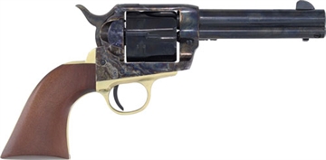 Picture of Cimarron Pistolero, Single Action Only Revolver, 9MM, 4.75" Barrel, Steel, Color Case Hardened Finished Receiver, Blued Finish Barrel, Brass Backstrap/Trigger Guard, Wood Grips, Fixed Sights, 6 Rounds PPP9MM