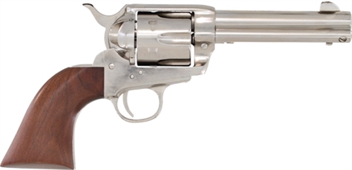 Picture of Cimarron Pistolero, Single Action Only, 9MM, 4.75" Barrel, Steel, Nickel Finish, Walnut Grips, Fixed Sights, 6 Rounds PPP9MMN