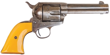 Picture of Cimarron Hollywood Series Rooster Shooter 45 Colt (LC) 6 Shot, 4.75" Trail Worn Blued Steel Barrel, Cylinder & Frame, Wide Front Sight, Aged-Looking Orange Finger Grooved Grip RS410