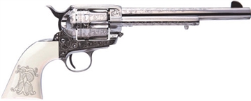 Picture of Cimarron Teddy Roosevelt Frontier 45 Colt (LC) 6 Shot 7.50" Nickel-Plated Engraved Barrel, Cylinder & Frame, White w/Laser Engraved "T.R." Grip PP415LNTRII