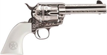 Picture of Cimarron Frontier Texas Ranger 45 Colt (LC) 6 Shot, 4.75" Engraved Nickel-Plated Steel Barrel, Cylinder & Frame, Engraved "One Riot, One Ranger" Ejector Rod, White Polymer Grip PP410LNTXR