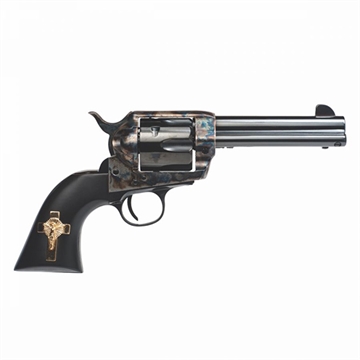 Picture of Cimarron Holy Smoker, Revolver, Single Action Only, 45LC, 4.75" Barrel, Steel Frame, Case Hardened Finish, Fixed Sights, Gold Cross Black Grip, 6 Rounds MP310GCI01BG