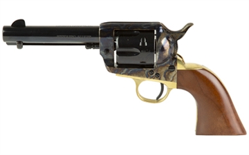 Picture of Cimarron Pistolero, Single Action Only Revolver, 9MM/357 Magnum, 4.75" Barrel, Steel, Color Case Hardened Finished Receiver, Blued Finish Barrel, Brass Backstrap/Trigger Guard, Wood Grips, Fixed Sights, 6 Rounds, Includes 357 Magnum Cylinder PPP9MMDC