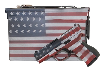Picture of Citadel Centurion CP9 Compact Frame 9mm Luger 14+1, 4" Black Steel Barrel, American Flag Cerakote Optic Ready/Serrated Steel Slide, Polymer Frame & Grip, Features Matching Ammo Can CITCP9USACAN