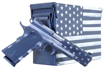 Picture of Citadel M1911 Flag 45 ACP 8+1, 5" Stainless Steel Barrel, American Flag Gray Cerakote Serrated Steel Slide, Steel Frame w/Beavertail, Matching Ammo Can, Ambidextrous CITC45FUSGAC