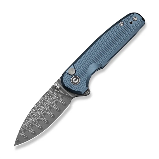 Picture of CIVIVI Knives Mini Shakan Flipper & Thumb Stud & Button Lock Knife Ripple Patterned Blue Aluminum Handle (2.48"" Damascus Blade) C20052F-DS1 724065715807