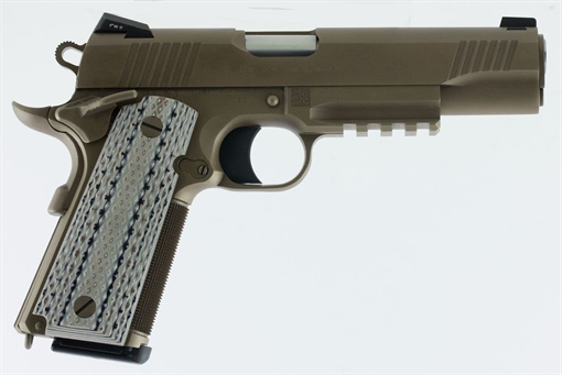 Picture of Colt Mfg Limited Edition Government 45 ACP 8+1, 5" Stainless National Match Barrel, Desert Sand Serrated Steel Slide & Frame w/Picatinny Rail, Scalloped Gray G10 Grip, Ambidextrous O1070CQB