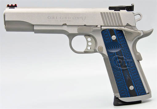 Picture of Colt Mfg Gold Cup Trophy 38 Super 9+1 5" Stainless National Match Barrel, Stainless Steel Serrated Slide & Frame w/Beavertail, Blue Scalloped G10 Grip, Ambidextrous O5073XE
