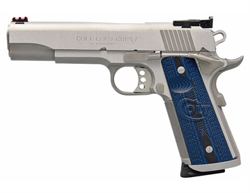 Picture of Colt's Manufacturing Gold Cup Trophy, 1911, Semi-automatic, Metal Frame Pistol, Full Size, 45ACP, 5" Barrel, Steel, Stainless Finish, G10 Checkered Blue Grips with Scallop, Fiber Optic Front, Bomar Style Rear Sights, 8 Rounds, 1 Magazine O5070XE