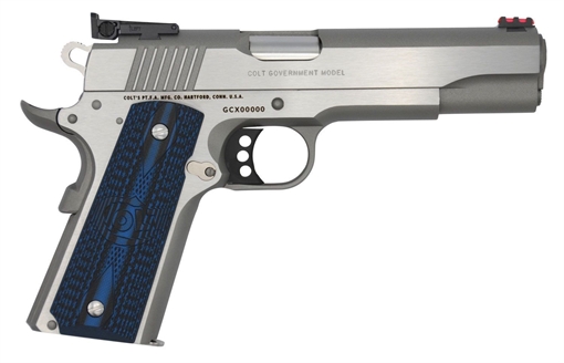 Picture of Colt's Manufacturing Gold Cup Lite, 1911, Semi-automatic, Metal Frame Pistol, Full Size, 45ACP, 5" Barrel, Steel, Brushed Stainless Finish, G10 Grips, Fiber Optic Front & Adjustable Rear Sights, 8 Rounds, 1 Magazine, Upswept Beavertail Grip Safety O5070GCL