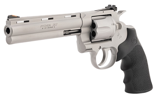 Picture of Colt's Manufacturing Python, Double/Single Action, Steel Frame Revolver, 357 Magnum/38 Special, 6" Barrel, Stainless Steel, Bead Blast Finish, Black Hogue Rubber Grips, Blade Front/Adjustable Rear Sights, 6 Rounds PYTHON-SM6RTS PYTHONSM6RTS