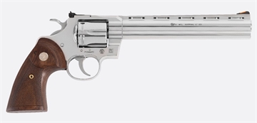Picture of Colt's Manufacturing Python, Double/Single Action, Steel Frame Revolver, 357 Magnum/38 Special, 8" Barrel, Stainless Steel, Silver, Walnut Grips, Blade Front/Adjustable Rear Sights, 6 Rounds PYTHON-SP8WTS