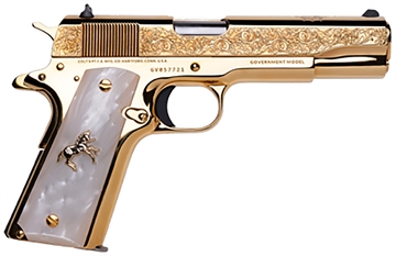 Picture of Cnc Firearms Colt 1911 El Ranchero 38 Super 7+1 5" Stainless Steel Barrel, 24K Gold Plated Serrated w/Engraved Scrollwork Slide, 24K Gold Plated Steel Frame, Mother of Pearl Grip CNCELRANCH