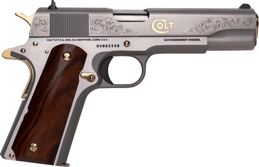 Picture of Cnc Firearms Colt 1911 Rampant 45 ACP 7+1 5" Stainless Steel Barrel, Stainless w/Gold Plating Engraved w/Colt Pony Serrated Slide, Stainless w/Gold Accents Frame, Ironwood Grip CNCCOLTRAMP
