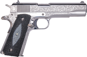 Picture of Cnc Firearms Colt 1911 Tuxedo 38 Super 5" Stainless Steel Barrel, High Polished w/Black DLC Engraving Stainless Steel Serrated Slide & Frame, Stingray Grip CNCTUX38