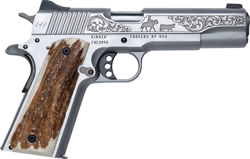Picture of Cnc Firearms Kimber 1911 Cattleman 45 ACP 7+1 5" Stainless Steel Barrel, Stainless Scenic Cattleman Engraved Slide, Stainless Frame, Stag Grip CNCCATTLEMAN