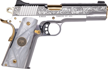 Picture of Cnc Firearms Kimber 1911 Patria 38 Super Gold Plated PVD Barrel, Polished Stainless Steel Engraved/Serrated Slide, Stainless w/Gold Accents Frame, Pearl Grip CNCPATRIA