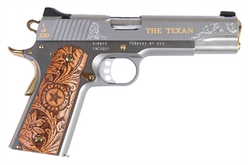 Picture of Cnc Firearms Kimber 1911 Texan 45 ACP 7+1 5" Stainless Steel Barrel, Stainless Engraved "The Texan"/Serrated Steel Slide, Stainless Steel Frame, Texas Mesquite Grip CNCTEX1911
