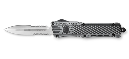 Picture of CobraTec Knives CTK-1 Large 3.75" OTF Dagger Part Serrated D2 Steel Blade/ Stonewashed Aluminum Handle Features Glass Breaker Includes Pocket Clip LSWCTK1LDG2SS