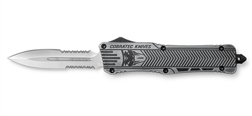 Picture of CobraTec Knives CTK-1 Large 3.75" OTF Dagger Part Serrated D2 Steel Blade/ Stonewashed Aluminum Handle Features Glass Breaker Includes Pocket Clip LSWCTK1LDG2SS