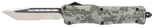 Picture of CobraTec Knives CTK-1 Large 3.75" OTF Tanto Part Serrated D2 Steel Blade/Army DigiCamo Aluminum Handle Features Glass Breaker Includes Pocket Clip LADCCTK1LTS