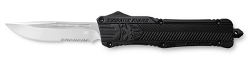 Picture of CobraTec Knives CTK-1 Large 3.75" OTF Drop Point Part Serrated D2 Steel Blade/ Black Aluminum Handle Features Glass Breaker Includes Pocket Clip LBCTK1LDS