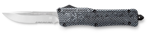 Picture of CobraTec Knives CTK-1 Large 3.75" OTF Drop Point Part Serrated D2 Steel Blade/ Carbon Fiber Aluminum Handle Features Glass Breaker Includes Pocket Clip LCFCTK1LDS
