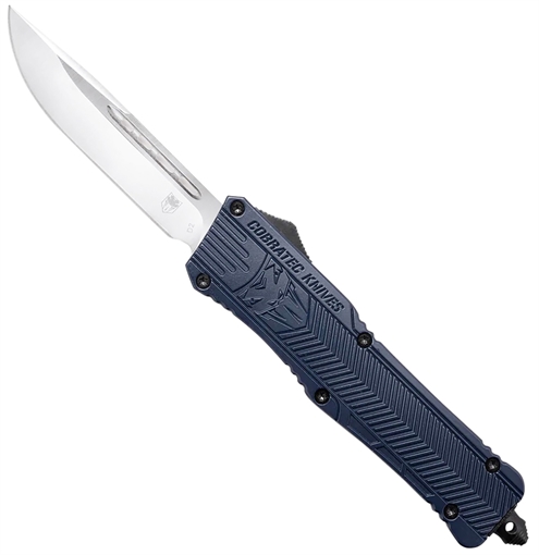 Picture of CobraTec Knives CTK-1 Large 3.75" OTF Drop Point Plain D2 Steel Blade/NYPD Blue Aluminum Handle Features Glass Breaker Includes Pocket Clip LNYCCTK1LDNS