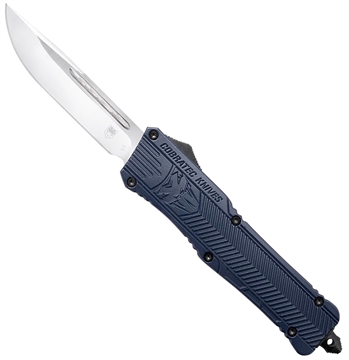 Picture of CobraTec Knives CTK-1 Large 3.75" OTF Drop Point Plain D2 Steel Blade/NYPD Blue Aluminum Handle Features Glass Breaker Includes Pocket Clip LNYCCTK1LDNS