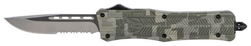 Picture of CobraTec Knives CTK-1 Medium 3" OTF Part Serrated D2 Steel Blade Army DigiCamo Aluminum Handle Features Glass Breaker Includes Pocket Clip MADCCTK1MDS