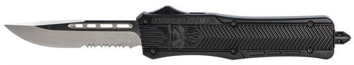 Picture of CobraTec Knives CTK-1 Medium 3" OTF Drop Point Part Serrated D2 Steel Blade/Black Aluminum Handle Features Glass Breaker Includes Pocket Clip MBCTK1MDS