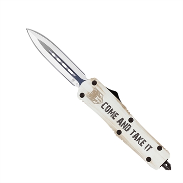 Picture of CobraTec Knives FS-3 Come And Take It Medium 3" OTF Dagger Plain D2 Steel Blade White w/"Come And Take It" Aluminum Cerakoted Handle Features Glass Breaker Includes Pocket Clip MCATIFS3DAGNS