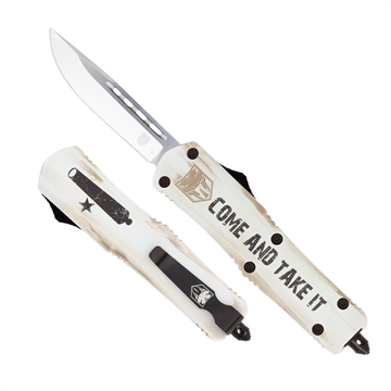 Picture of CobraTec Knives FS-3 Come And Take It 3" OTF Drop Point Plain 154CM SS Blade White w/"Come And Take It" Aluminum Cerakoted Handle Features Glass Breaker Includes Pocket Clip MCATIFS3DNS