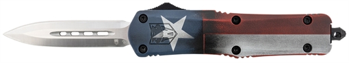 Picture of CobraTec Knives FS-3 Texas Flag Medium 3" OTF Dagger Plain Satin D2 Steel Blade, 5" Texas Flag Aluminum Cerakoted Handle MCTXFS3DAGNS
