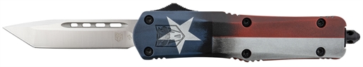 Picture of CobraTec Knives FS-3 Texas Flag Medium 3" OTF Tanto Plain Satin D2 Steel Blade, 5" Texas Flag Aluminum Cerakoted Handle MCTXFS3TNS