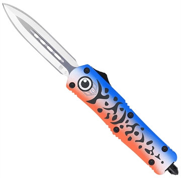 Picture of CobraTec Knives FS-3 Blue Lure Medium 3" OTF Dagger Plain Satin D2 Steel Blade, 4.50" Blue Fishing Lure Aluminum Cerakoted Handle MFLBLUFS3DAGNS