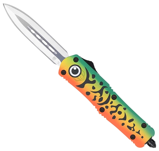 Picture of CobraTec Knives FS-3 Fishing Lure Medium 3" OTF Dagger Plain Satin D2 Steel Blade, 4.50" Green Fishing Lure Aluminum Cerakoted Handle MFLGNFS3DAGNS