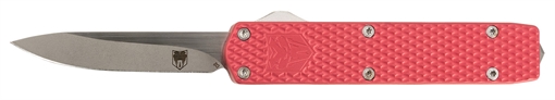 Picture of CobraTec Knives Mini Mamba Gen II 2.25" OTF Plain Stonewashed D2 Steel Blade, 3.38" Red Textured Anodized Aluminum Handle, Features Glass Breaker, Includes Pocket Clip MNRDMGEN2DNS