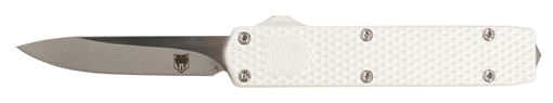 Picture of CobraTec Knives Mini Mamba Gen II 2.25" OTF Plain Stonewashed D2 Steel Blade, 3.38" Silver Textured Anodized Aluminum Handle, Features Glass Breaker, Includes Pocket Clip MNSILMGEN2DNS