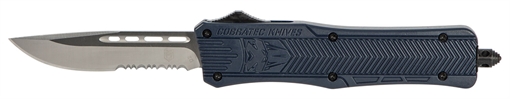 Picture of CobraTec Knives CTK-1 Medium 3" OTF Drop Point Part Serrated D2 Steel Blade/NYPD Blue Aluminum Handle Features Glass Breaker Includes Pocket Clip MNYCTK1MDS