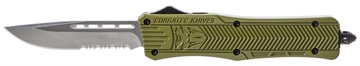 Picture of CobraTec Knives CTK-1 Medium 3" OTF Drop Point Part Serrated D2 Steel Blade/OD Green Aluminum Handle Features Glass Breaker Includes Pocket Clip MODCTK1MDS